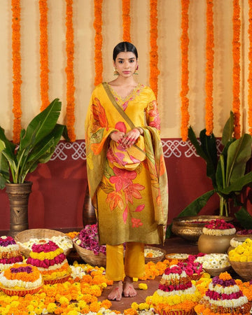 Yellow 3/4th Slevees Tissue Floral Calf Length Kurta Set - With Dupatta