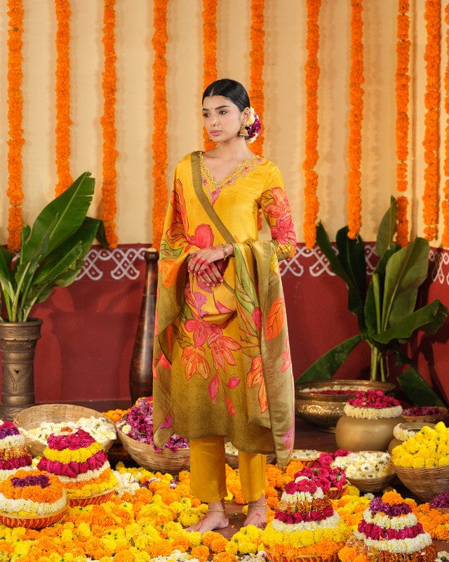 Yellow 3/4th Slevees Tissue Floral Calf Length Kurta Set - With Dupatta