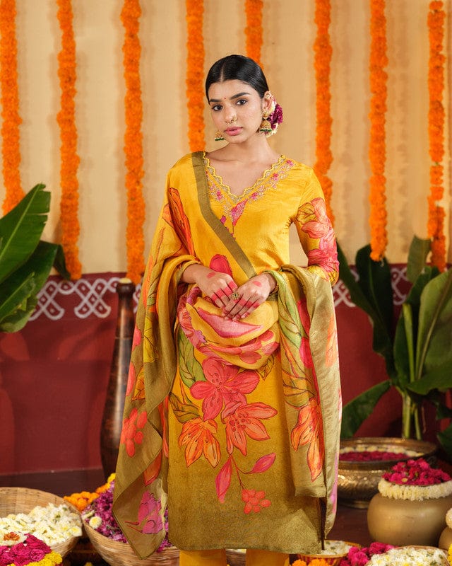 Yellow 3/4th Slevees Tissue Floral Calf Length Kurta Set - With Dupatta