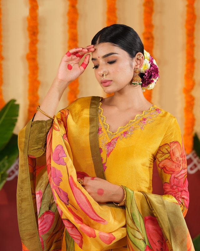 Yellow 3/4th Slevees Tissue Floral Calf Length Kurta Set - With Dupatta