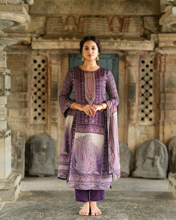 Purple 3/4th Sleeves All over floral print Modal Silk Calf length Kurta Set - With Dupatta