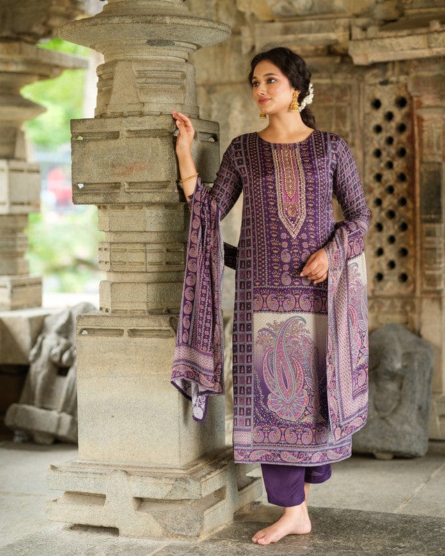 Purple 3/4th Sleeves All over floral print Modal Silk Calf length Kurta Set - With Dupatta