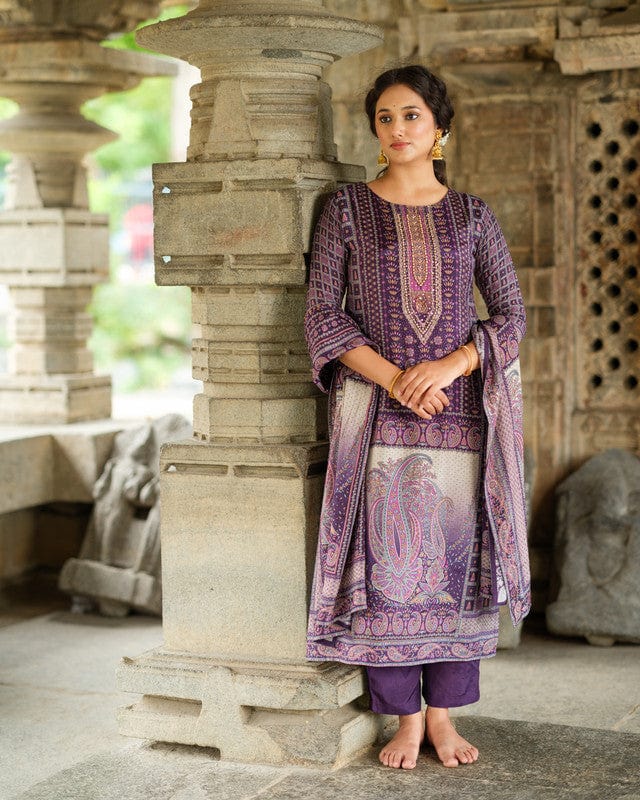 Purple 3/4th Sleeves All over floral print Modal Silk Calf length Kurta Set - With Dupatta