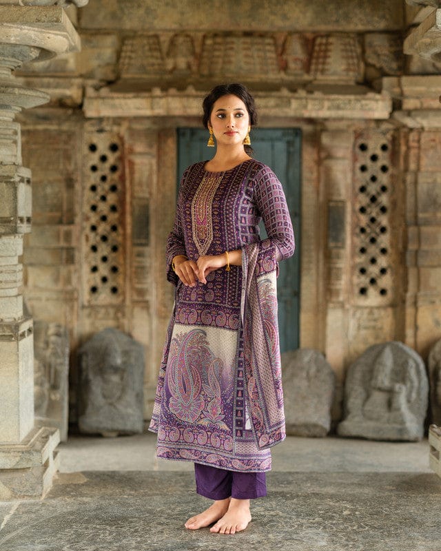 Purple 3/4th Sleeves All over floral print Modal Silk Calf length Kurta Set - With Dupatta