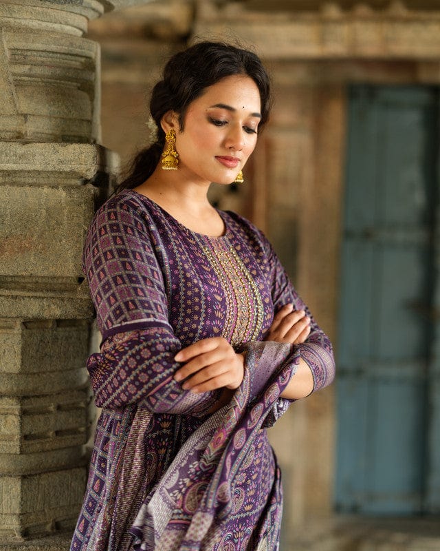 Purple 3/4th Sleeves All over floral print Modal Silk Calf length Kurta Set - With Dupatta