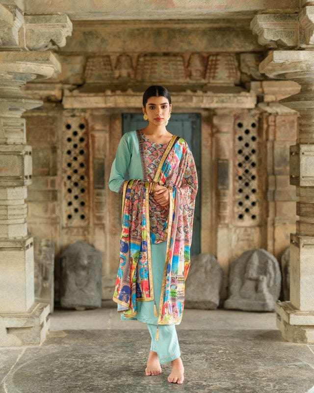 Mint 3/4th Sleeves Lace work at hem Chanderi Calf length Kurta Set - With Dupatta