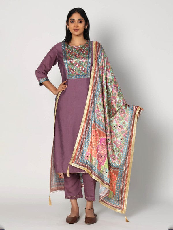 Purple 3/4th Sleeves Chanderi Neck placket and gota patti at hem Calf length Kurta Set - With Dupatta