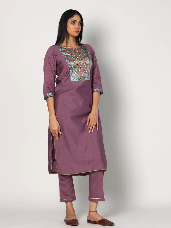 Purple 3/4th Sleeves Chanderi Neck placket and gota patti at hem Calf length Kurta Set - With Dupatta