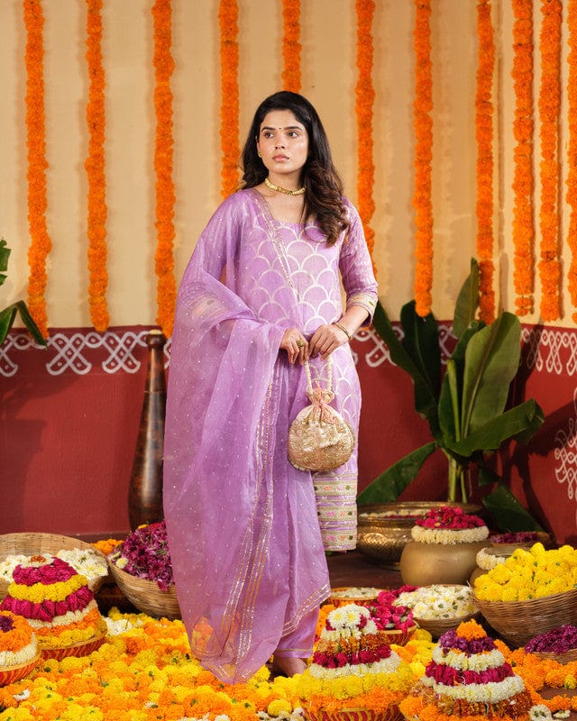 Lilac 3/4th slevees Chanderi Fish scale Calf length Kurta set - With Dupatta