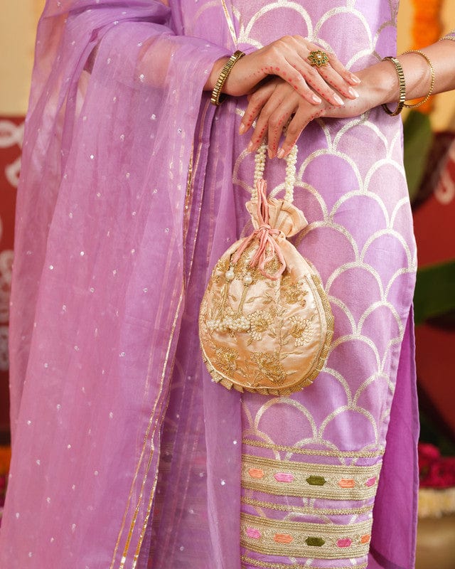 Lilac 3/4th slevees Chanderi Fish scale Calf length Kurta set - With Dupatta