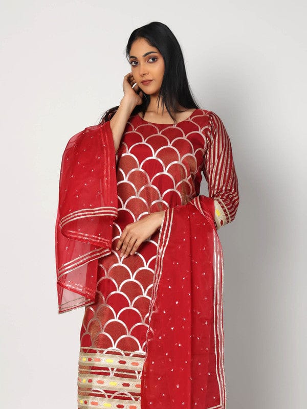 Maroon 3/4th Sleeves Chanderi All over print Calf length Kurta Set - With Dupatta