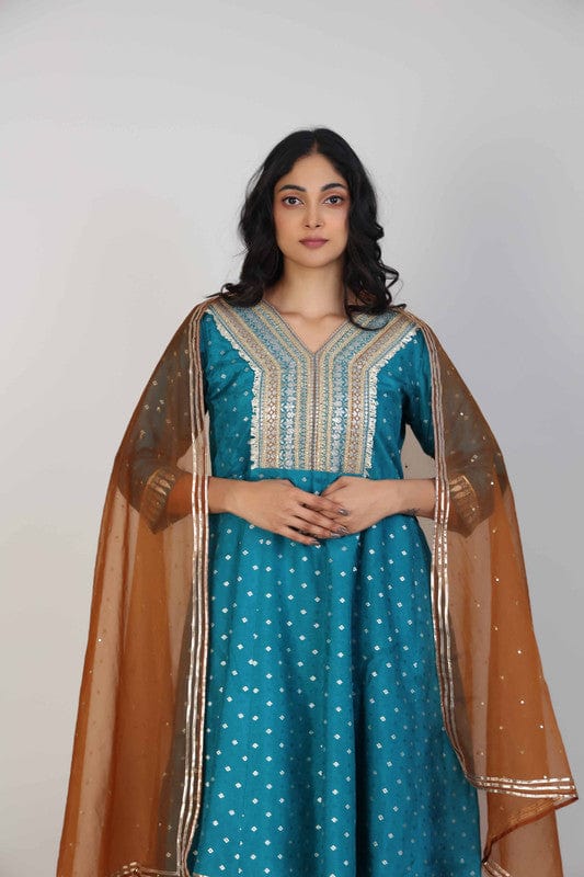 Teal 3/4th Sleeves Chanderi Zari thread work Knee length Kurta Set - With Dupatta