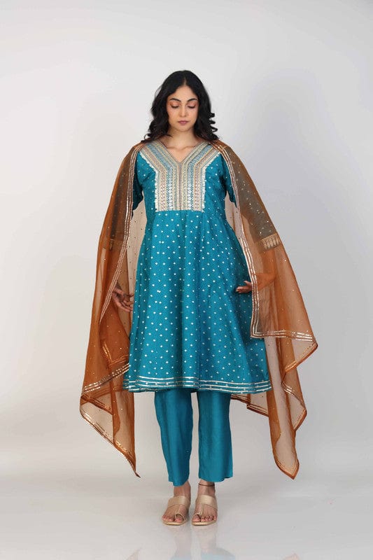Teal 3/4th Sleeves Chanderi Zari thread work Knee length Kurta Set - With Dupatta