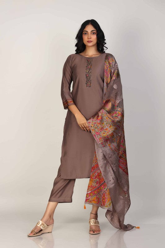 Brown 3/4th Sleeves Poly Chanderi Thread work Calf length Kurta Set - With Dupatta