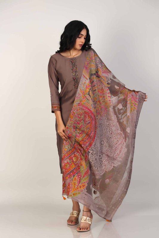 Brown 3/4th Sleeves Poly Chanderi Thread work Calf length Kurta Set - With Dupatta