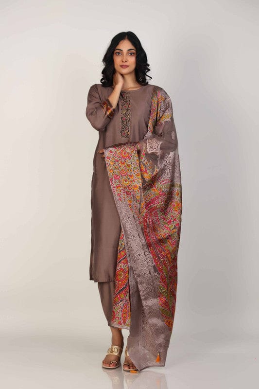 Brown 3/4th Sleeves Poly Chanderi Thread work Calf length Kurta Set - With Dupatta