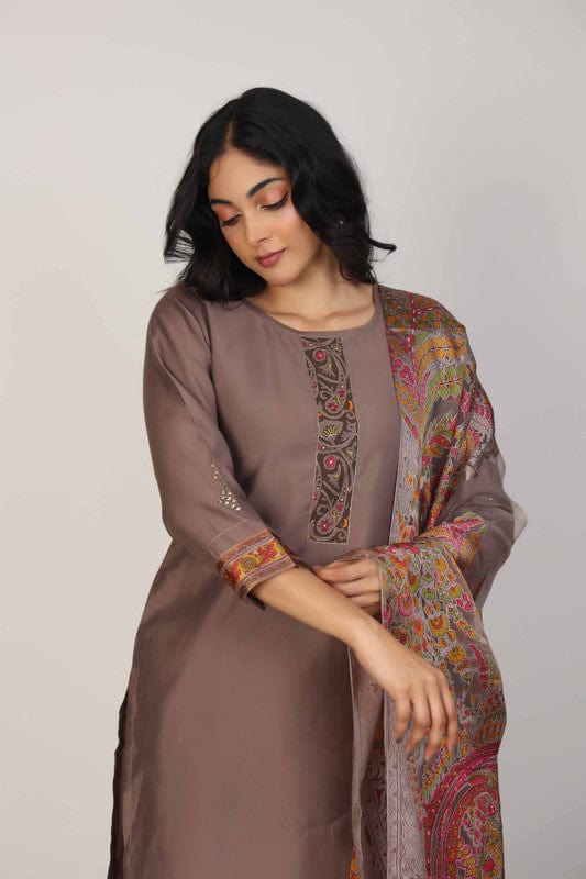 Brown 3/4th Sleeves Poly Chanderi Thread work Calf length Kurta Set - With Dupatta