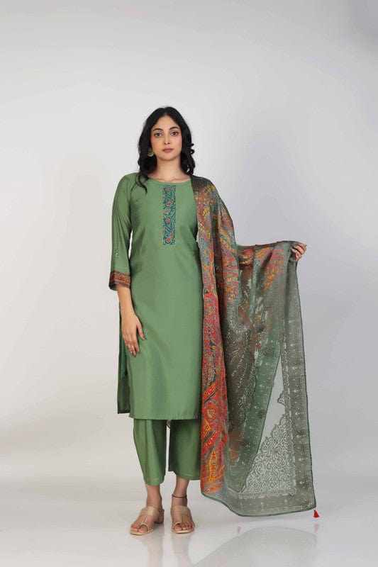Green 3/4th Sleeves Poly Chanderi Thread work and mirror work Calf length Kurta Set - With Dupatta