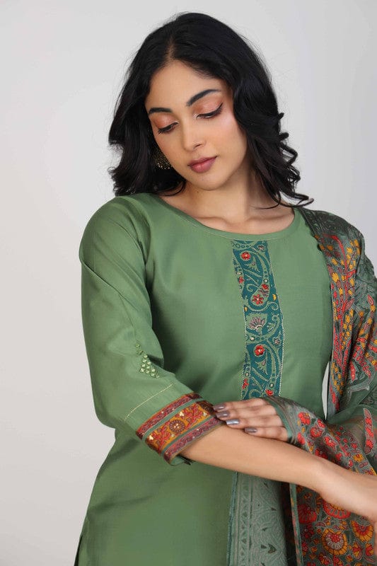 Green 3/4th Sleeves Poly Chanderi Thread work and mirror work Calf length Kurta Set - With Dupatta