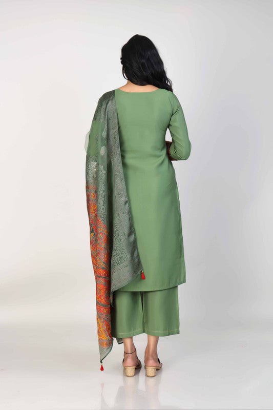 Green 3/4th Sleeves Poly Chanderi Thread work and mirror work Calf length Kurta Set - With Dupatta