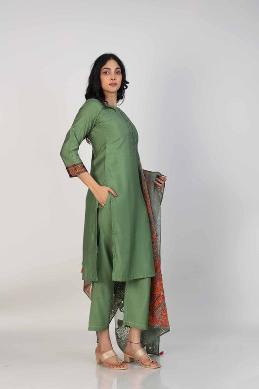 Green 3/4th Sleeves Poly Chanderi Thread work and mirror work Calf length Kurta Set - With Dupatta