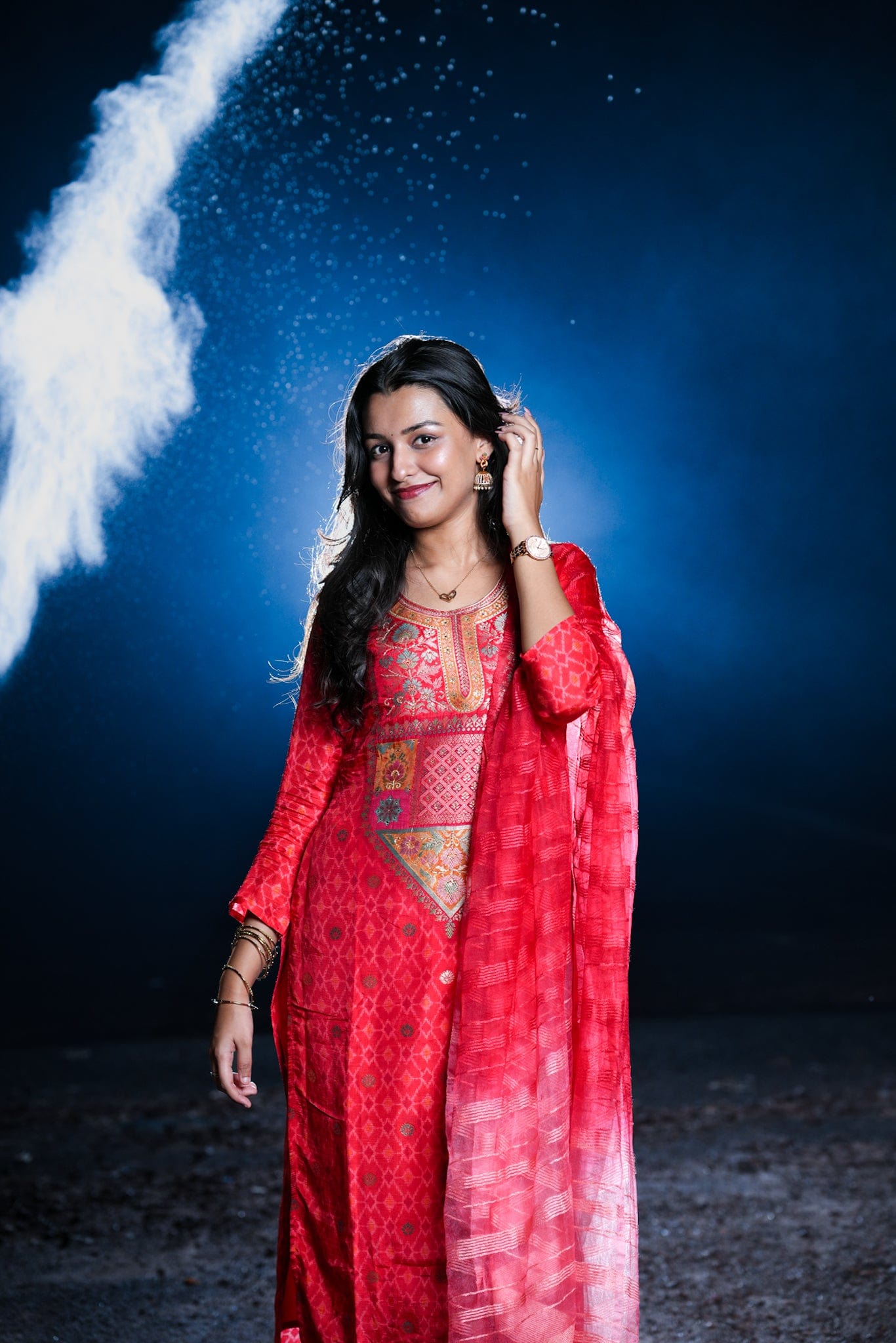 Red 3/4th Sleeves Chanderi Silk Calf length Kurta set - With Dupatta