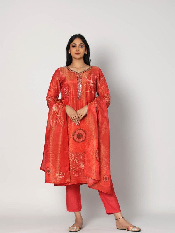 Dark Orange 3/4th Sleeves Soft Tissue Floral print with thread and embellishment work Calf length Kurta Set - With Dupatta