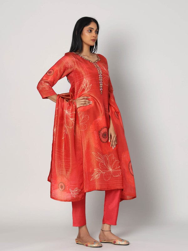 Dark Orange 3/4th Sleeves Soft Tissue Floral print with thread and embellishment work Calf length Kurta Set - With Dupatta