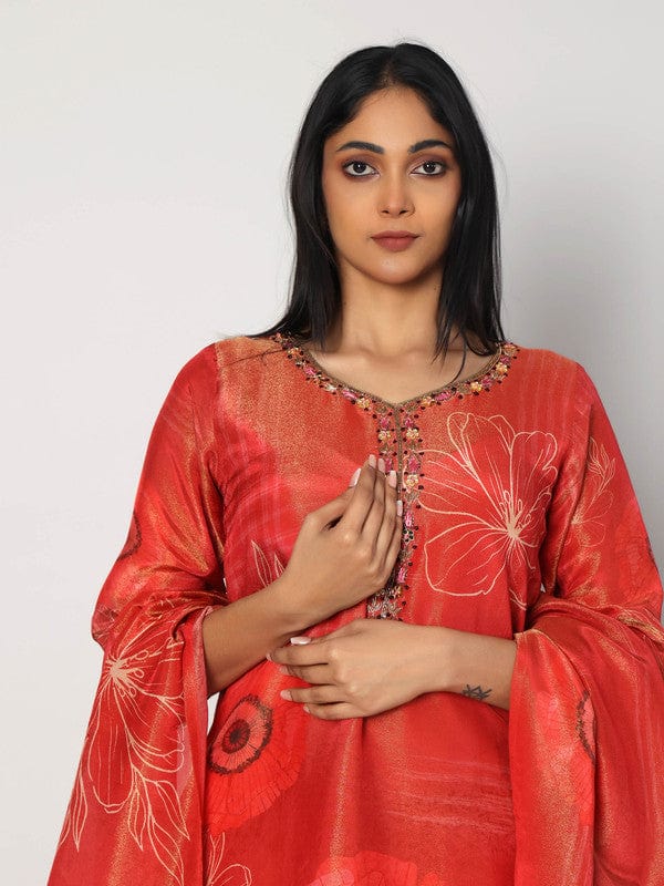 Dark Orange 3/4th Sleeves Soft Tissue Floral print with thread and embellishment work Calf length Kurta Set - With Dupatta