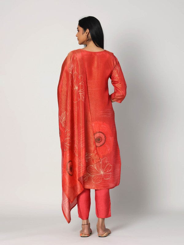 Dark Orange 3/4th Sleeves Soft Tissue Floral print with thread and embellishment work Calf length Kurta Set - With Dupatta