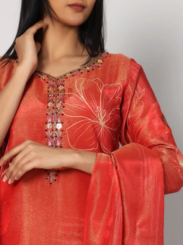 Dark Orange 3/4th Sleeves Soft Tissue Floral print with thread and embellishment work Calf length Kurta Set - With Dupatta