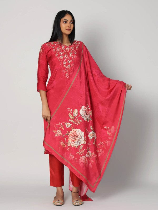 Red 3/4th Sleeves Soft Tissue Floral print with embellishment work Calf length Kurta Set - With Dupatta