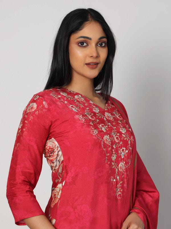 Red 3/4th Sleeves Soft Tissue Floral print with embellishment work Calf length Kurta Set - With Dupatta