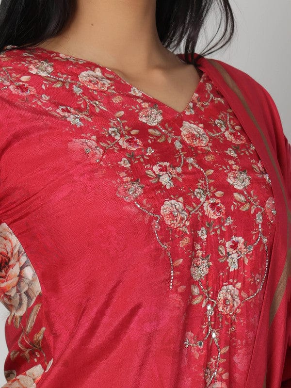 Red 3/4th Sleeves Soft Tissue Floral print with embellishment work Calf length Kurta Set - With Dupatta