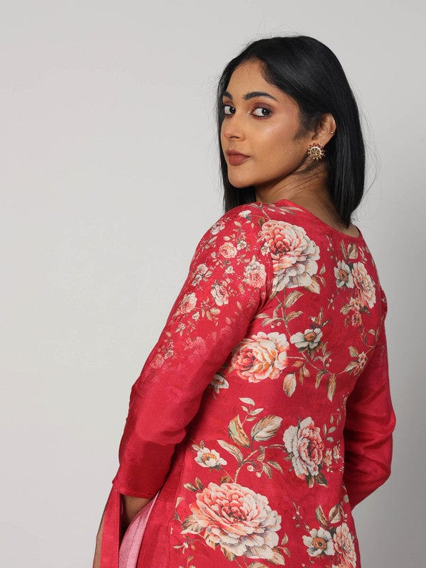 Red 3/4th Sleeves Soft Tissue Floral print with embellishment work Calf length Kurta Set - With Dupatta