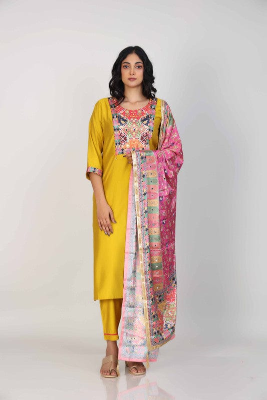 Yellow 3/4th Sleeves Silk Chanderi Mixed print Calf length Kurta Set - With Dupatta