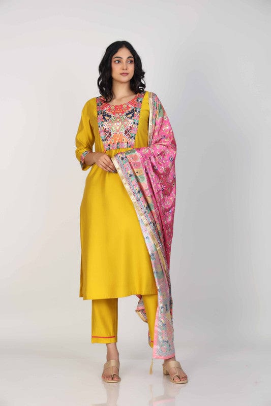 Yellow 3/4th Sleeves Silk Chanderi Mixed print Calf length Kurta Set - With Dupatta