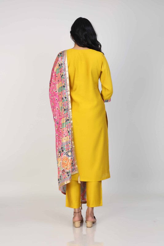 Yellow 3/4th Sleeves Silk Chanderi Mixed print Calf length Kurta Set - With Dupatta