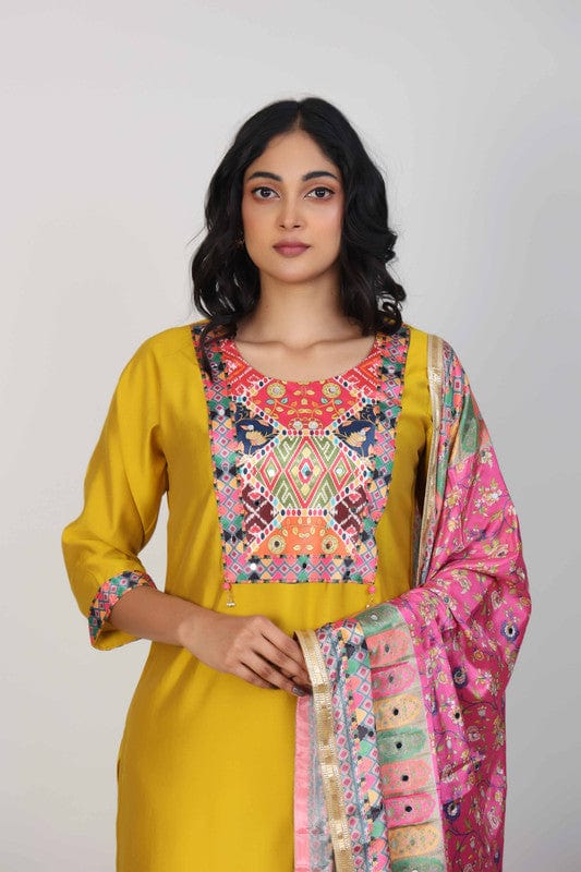 Yellow 3/4th Sleeves Silk Chanderi Mixed print Calf length Kurta Set - With Dupatta