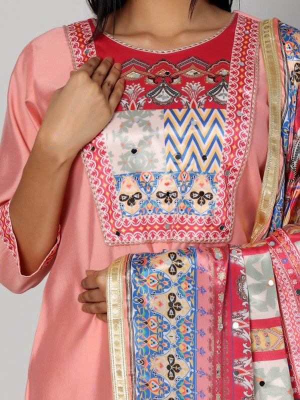 Peach 3/4th Sleeves Silk Chanderi Mixed print Calf length Kurta Set - With Dupatta