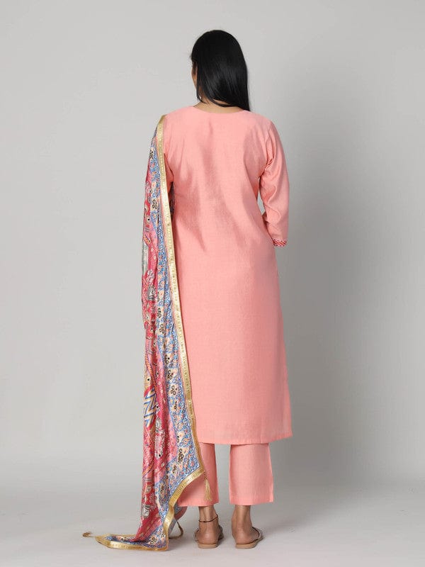 Peach 3/4th Sleeves Silk Chanderi Mixed print Calf length Kurta Set - With Dupatta