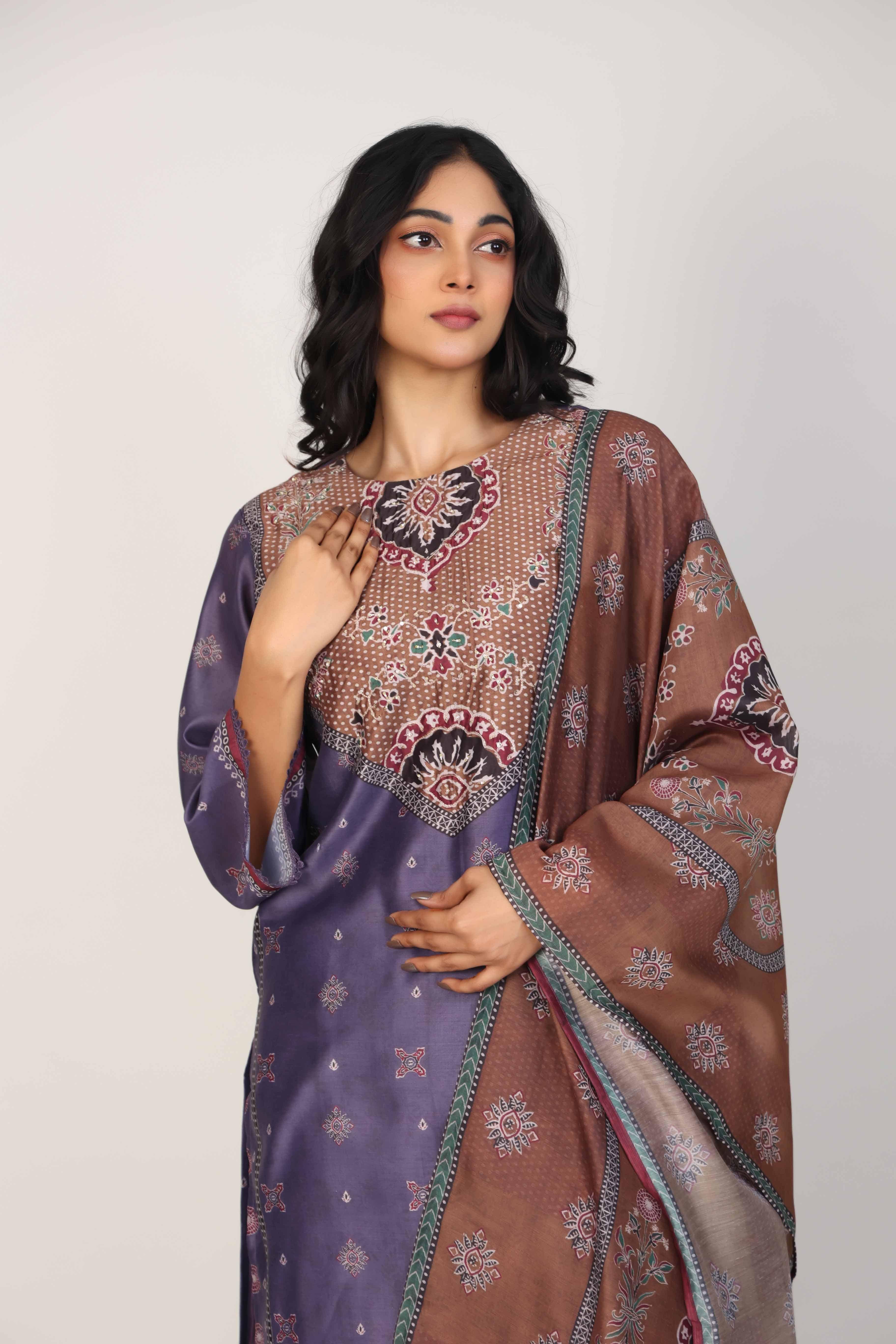 Grape 3/4th Sleeves Silk Chanderi All over print, mixed prints Calf length Kurta Set - With Dupatta