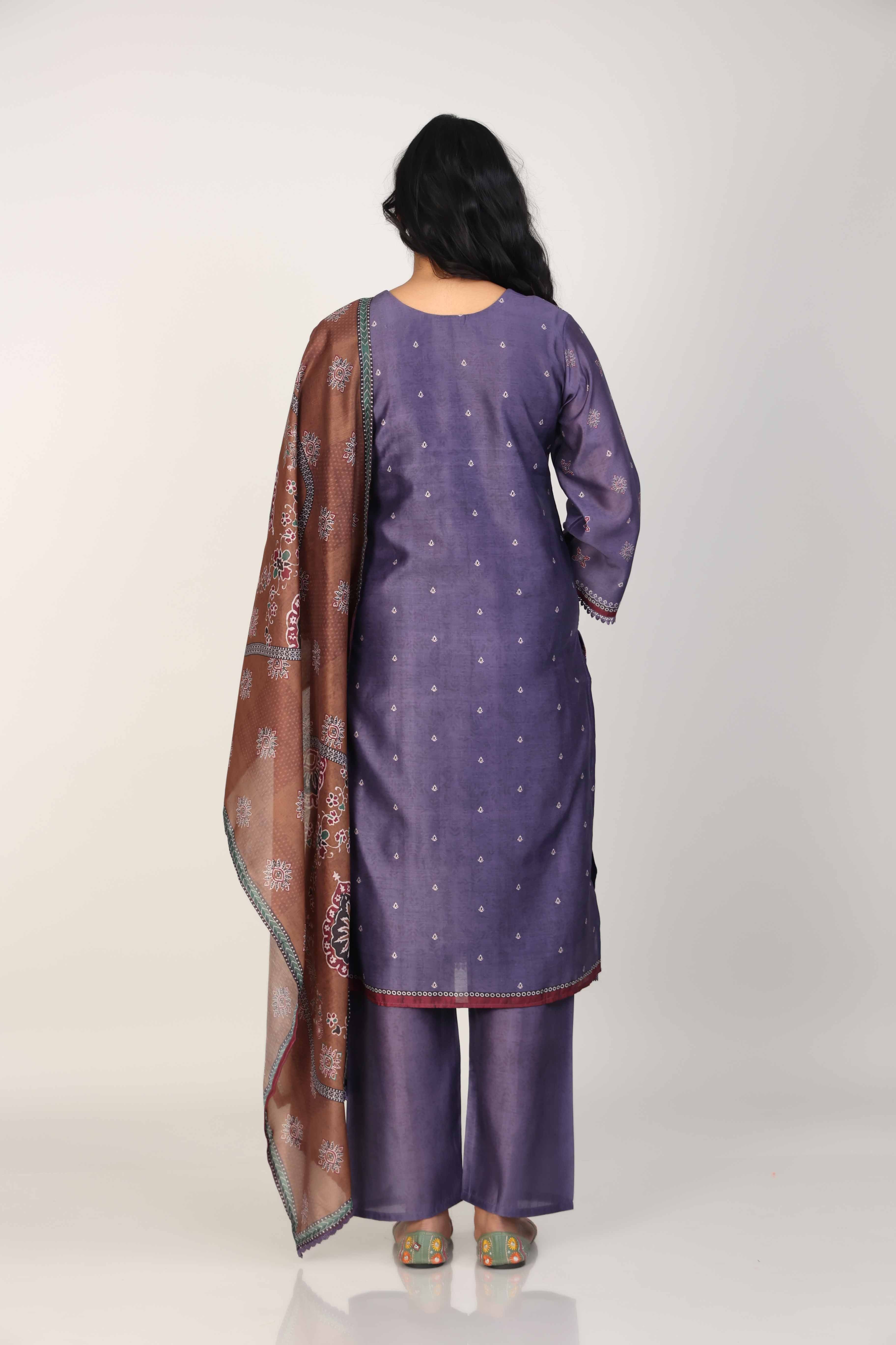 Grape 3/4th Sleeves Silk Chanderi All over print, mixed prints Calf length Kurta Set - With Dupatta