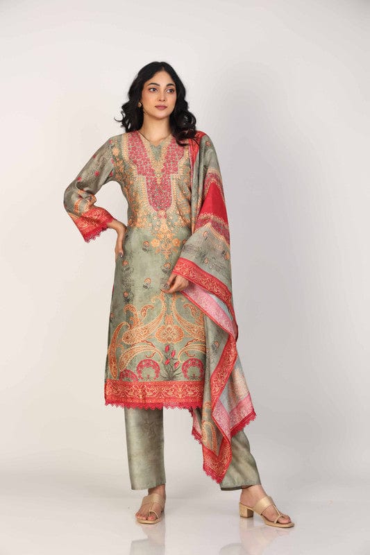 Green 3/4th Sleeves Silk Chanderi All over print Calf length Kurta Set - With Dupatta
