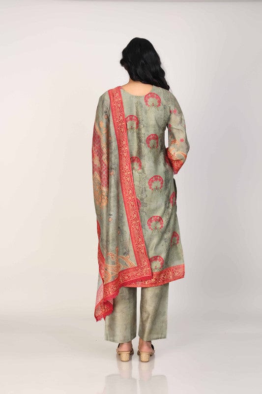 Green 3/4th Sleeves Silk Chanderi All over print Calf length Kurta Set - With Dupatta
