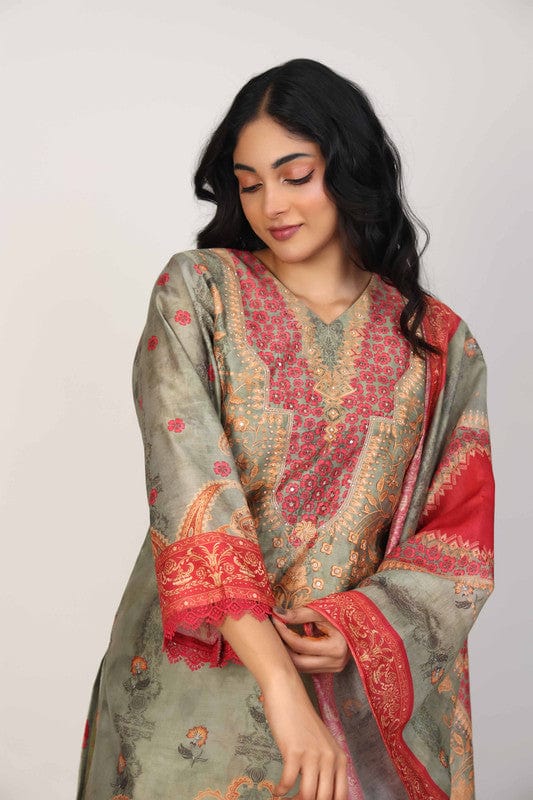 Green 3/4th Sleeves Silk Chanderi All over print Calf length Kurta Set - With Dupatta