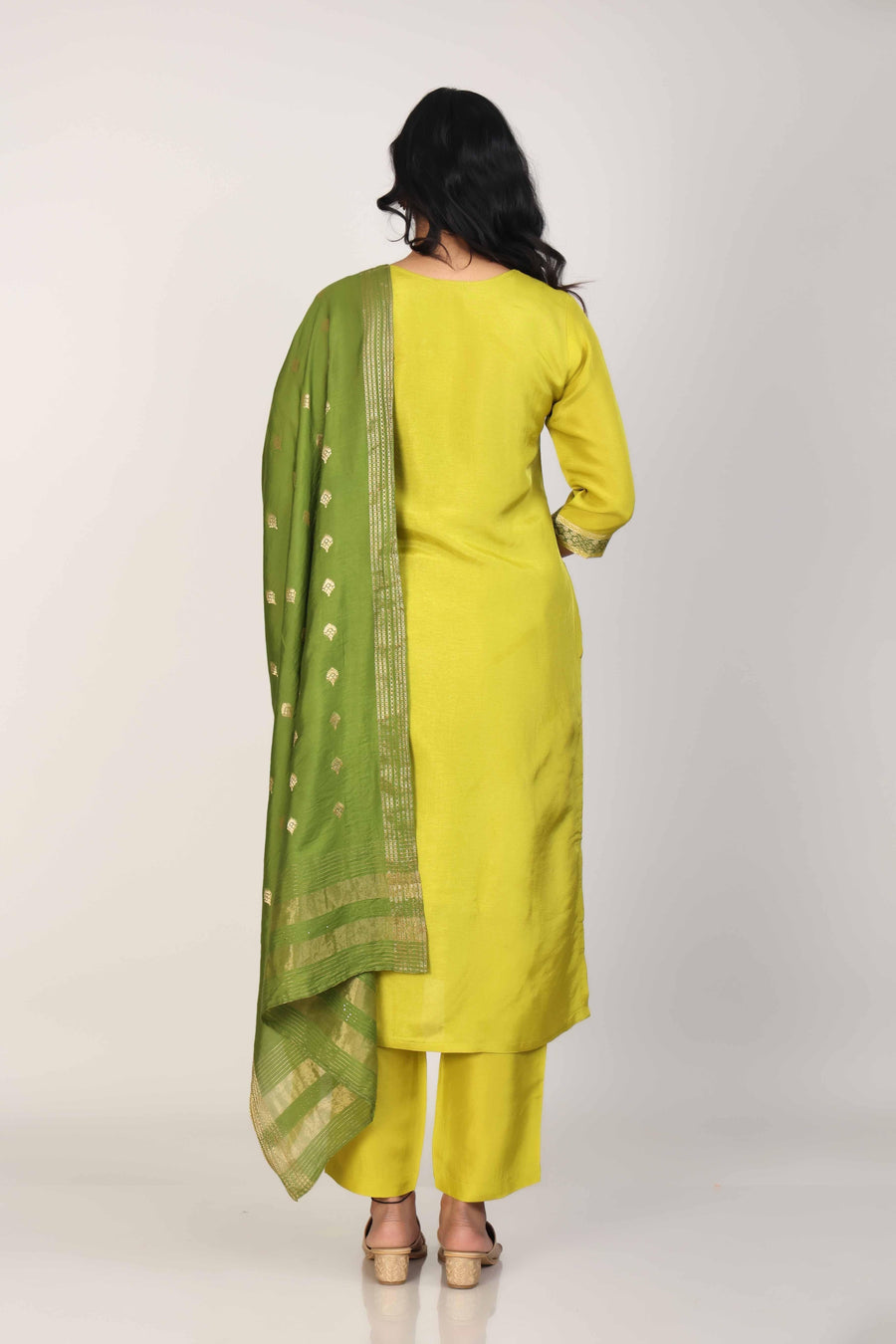 Green 3/4th Sleeves Dola silk Zari and embellishment work Calf length Kurta Set - With Dupatta