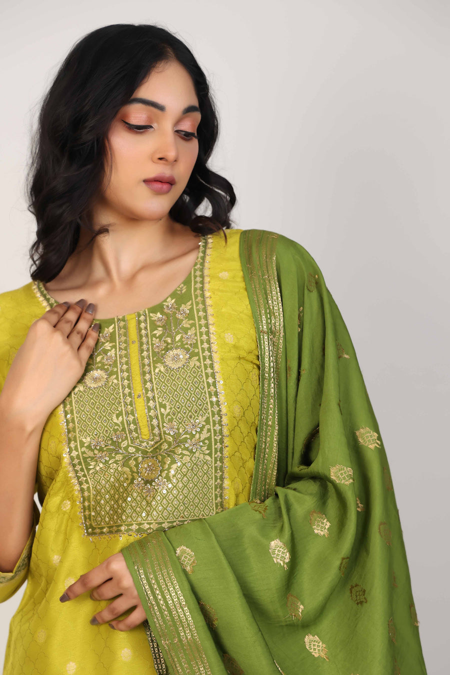 Green 3/4th Sleeves Dola silk Zari and embellishment work Calf length Kurta Set - With Dupatta
