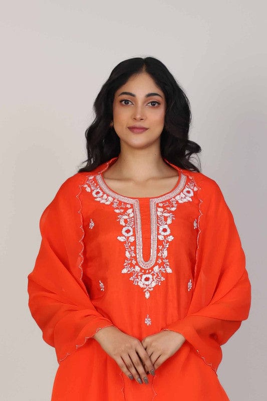 Dark Orange 3/4th Sleeves Dola silk Embellishment work with sequin work placement Calf length Kurta Set - With Dupatta