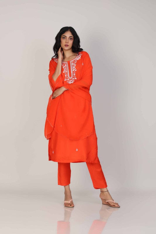 Dark Orange 3/4th Sleeves Dola silk Embellishment work with sequin work placement Calf length Kurta Set - With Dupatta
